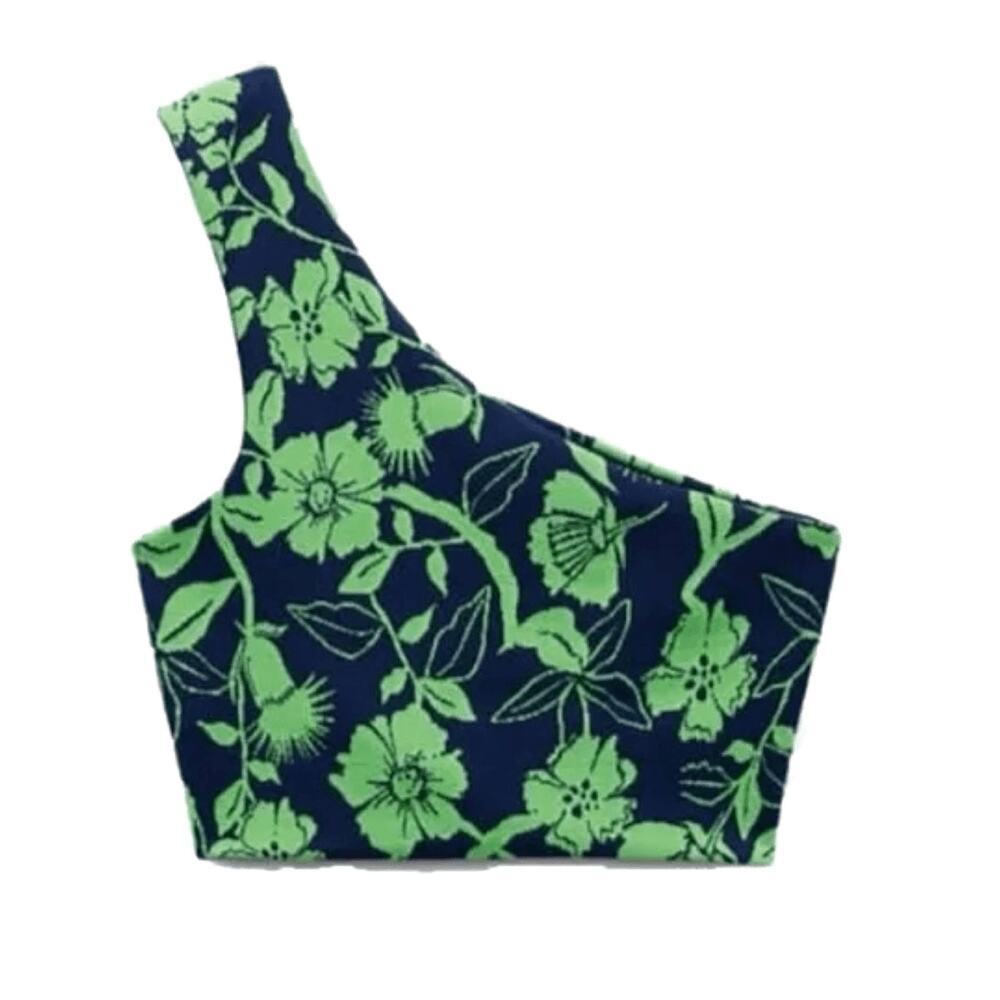 ZARA One Shoulder Floral Knit Crop Top Navy Green Quiet Luxury Capri Riviera NWT - Picture 4 of 9